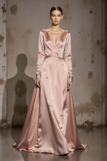 Leely Women Light Pink Satin Maxi Formal Dress with Sleeves A Line V-Neck Lace Up Back Evening Dress