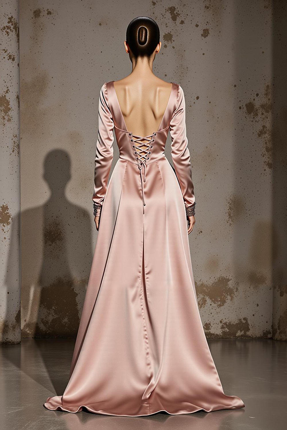 Light Pink A Line V-Neck Satin Maxi Formal Dress with Sleeves