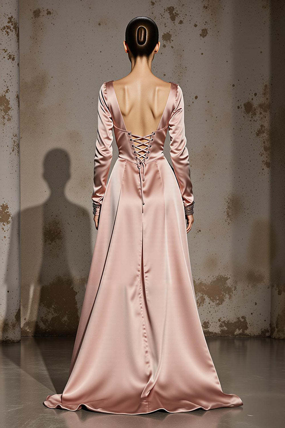 Light Pink A Line V-Neck Satin Maxi Formal Dress with Sleeves