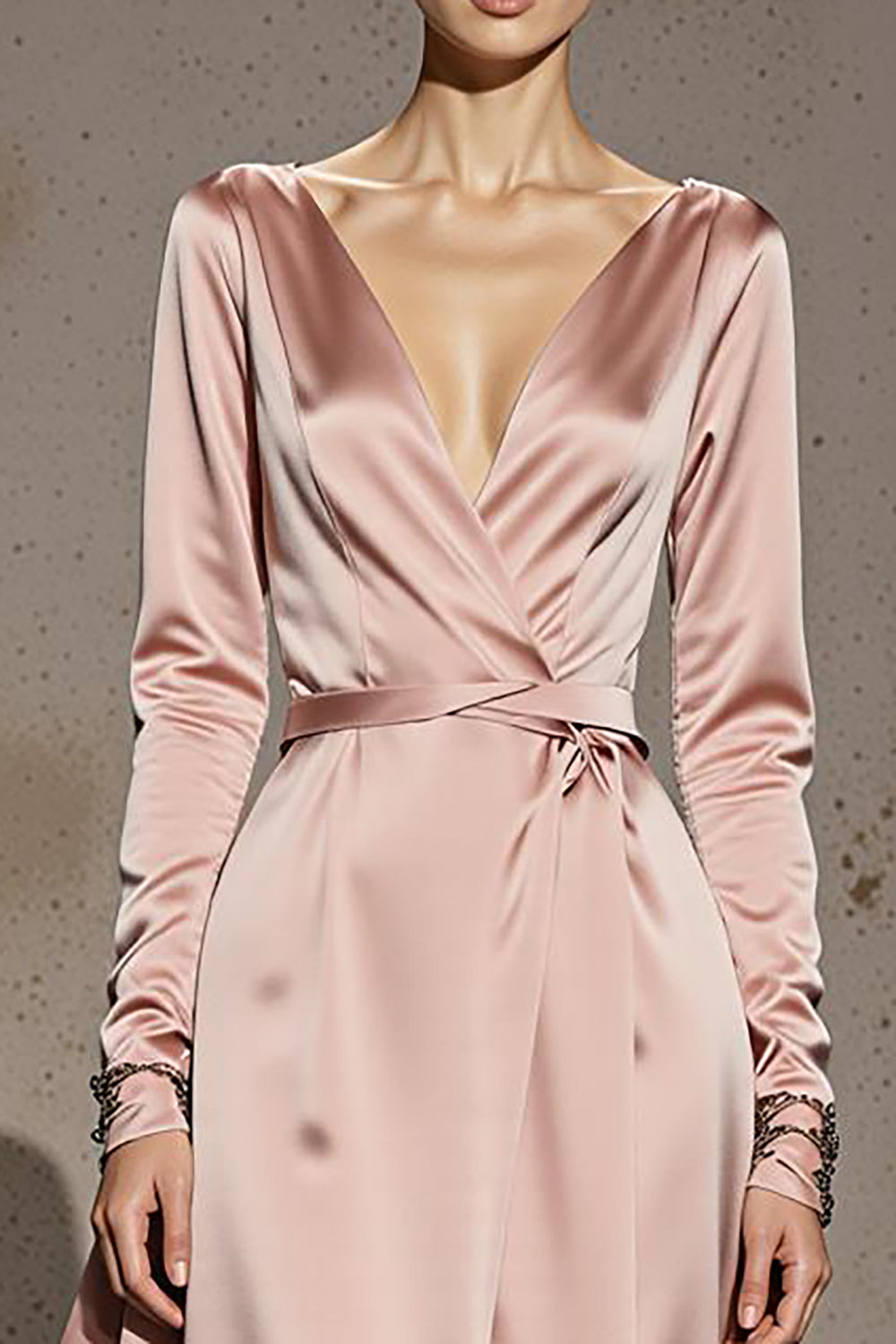 Light Pink A Line V-Neck Satin Maxi Formal Dress with Sleeves