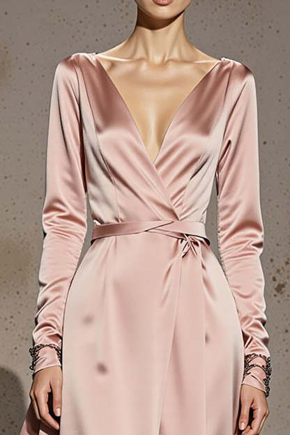 Light Pink A Line V-Neck Satin Maxi Formal Dress with Sleeves