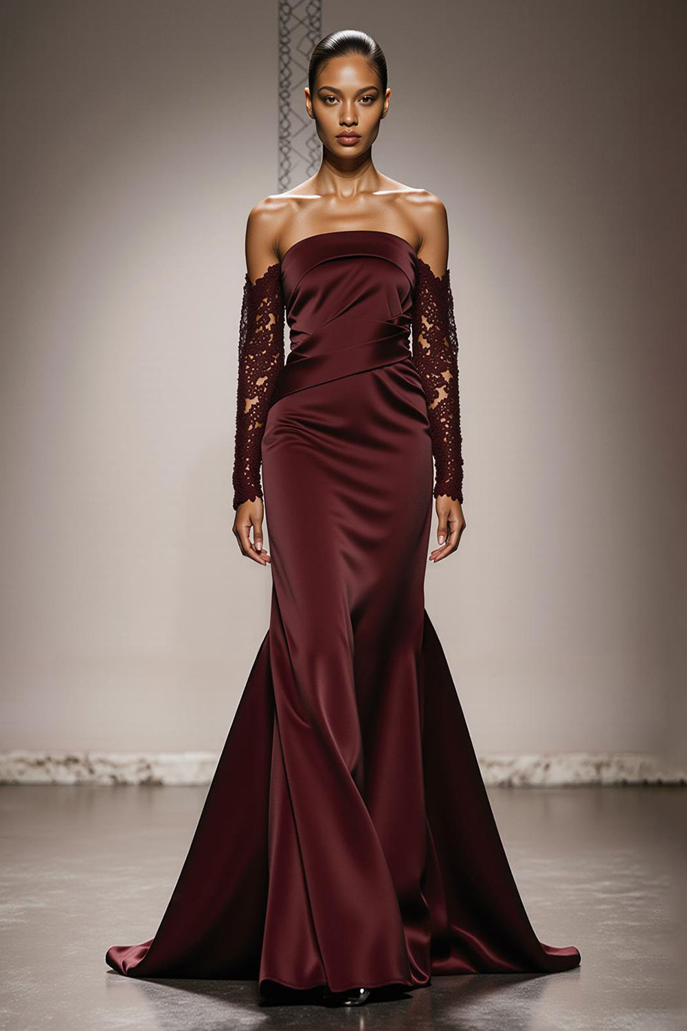 Leely Women Burgundy Satin Mermaid Long Formal Dress with Lace Off the Shoulder Backless Evening Dress with Sleeves