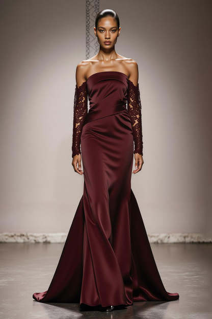 Leely Women Burgundy Satin Mermaid Long Formal Dress with Lace Off the Shoulder Backless Evening Dress with Sleeves