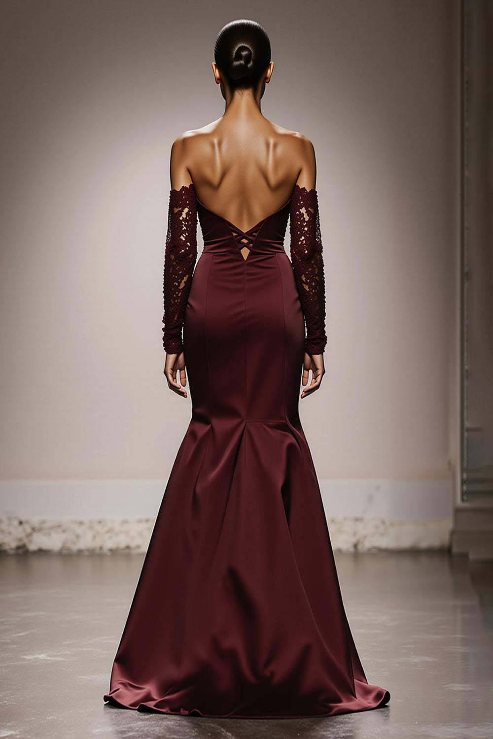 Burgundy Mermaid Satin Off the Shoulder Long Formal Dress with Lace