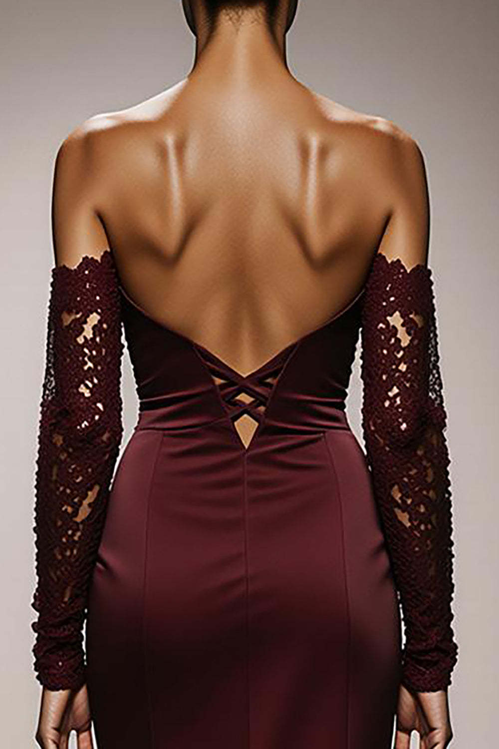 Burgundy Mermaid Satin Off the Shoulder Long Formal Dress with Lace