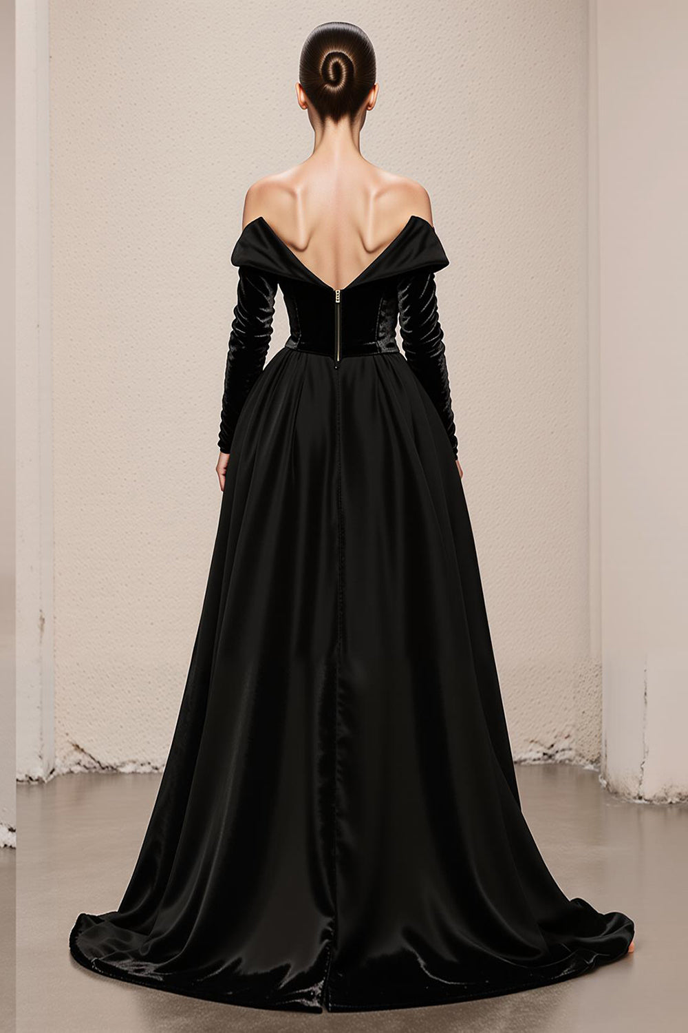 Black A Line Velvet Off the Shoulder Maxi Holiday Party Dress with Slit