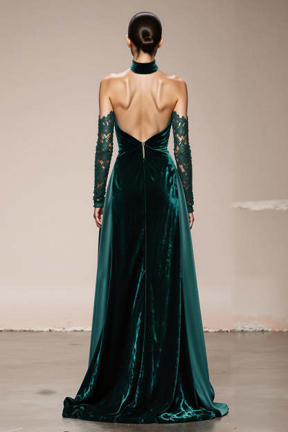 Dark Green Halter Velvet Maxi Holiday Party Dress with Slit