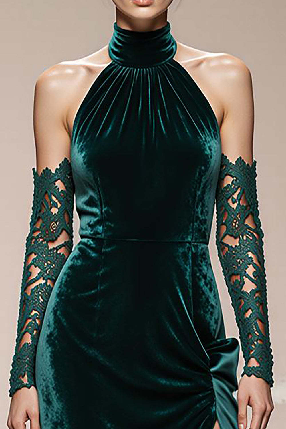 Dark Green Halter Velvet Maxi Holiday Party Dress with Slit