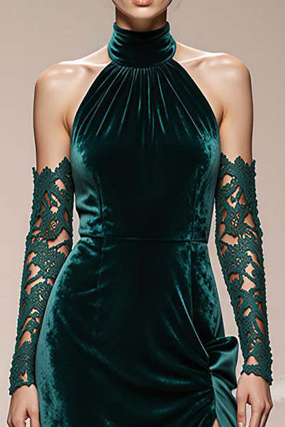 Dark Green Halter Velvet Maxi Holiday Party Dress with Slit