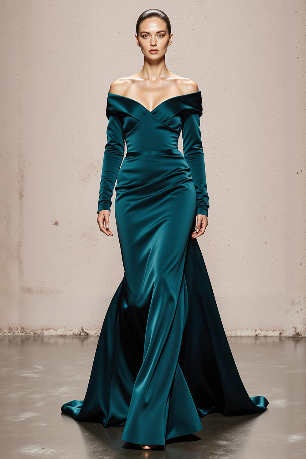 Leely Women Peacock Green Satin Mermaid Long Sleeves Formal Dress Backless Off the Shoulder Evening Dress