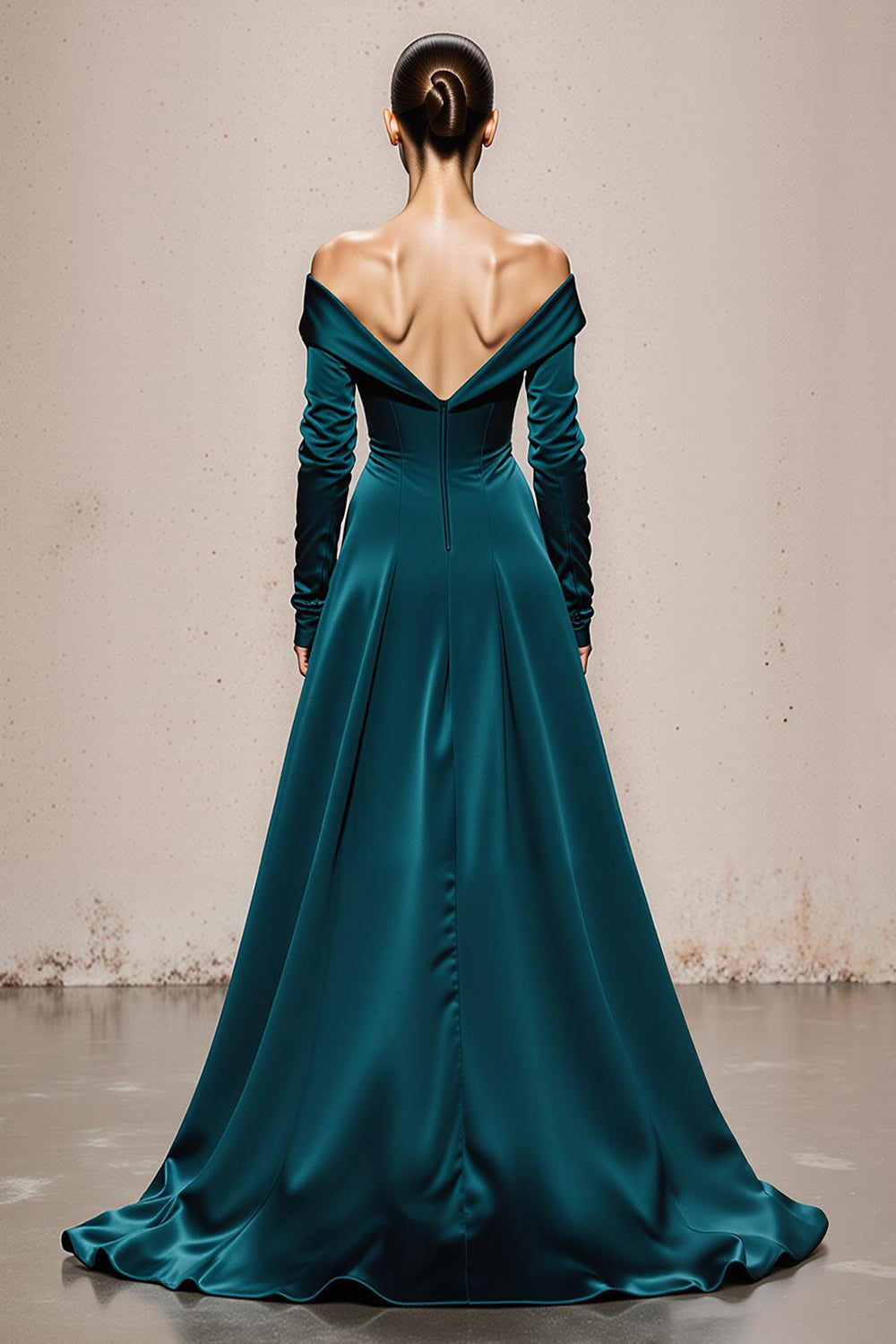 Peacock Green Mermaid Off the Shoulder Satin Long Sleeves Formal Dress
