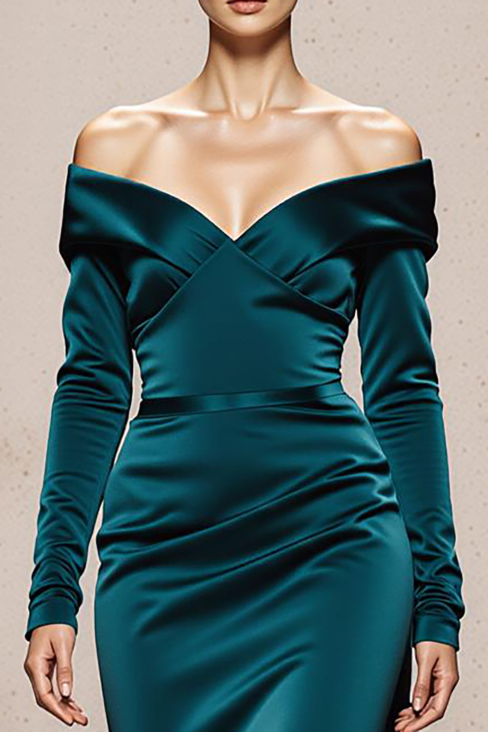 Peacock Green Mermaid Off the Shoulder Satin Long Sleeves Formal Dress