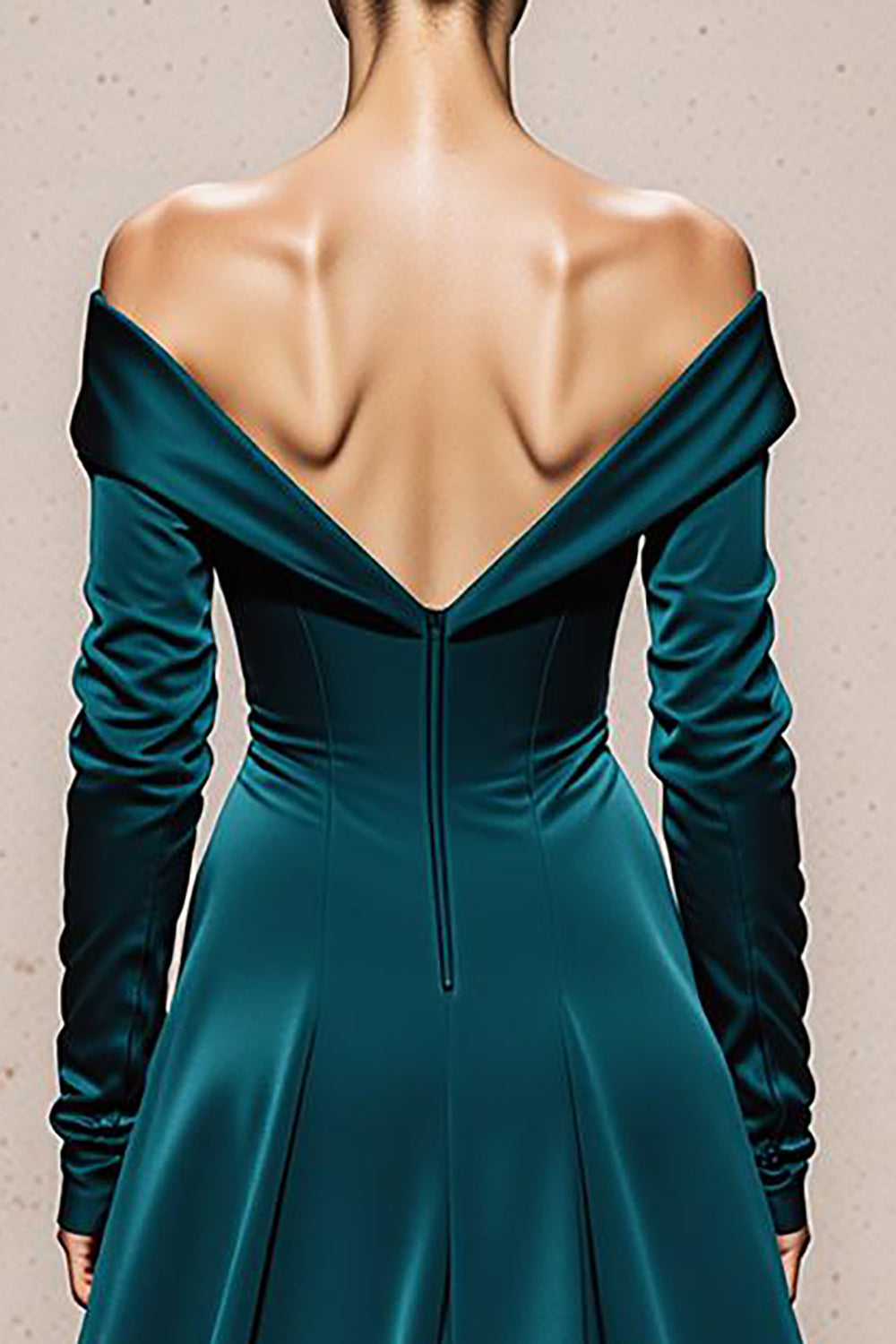 Peacock Green Mermaid Off the Shoulder Satin Long Sleeves Formal Dress