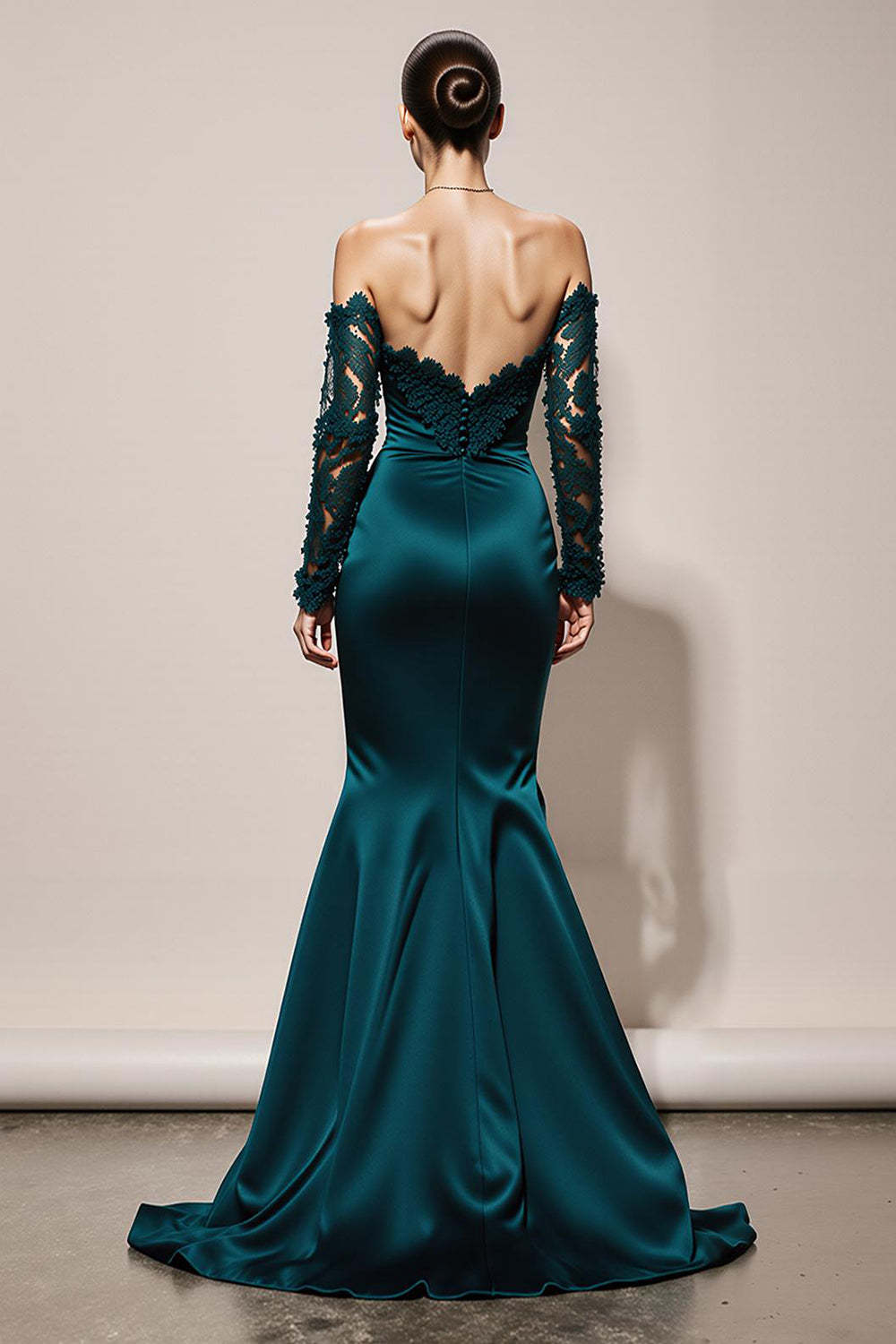 Peacock Green Satin Off the Shoulder Mermaid Long Formal Dress with Lace