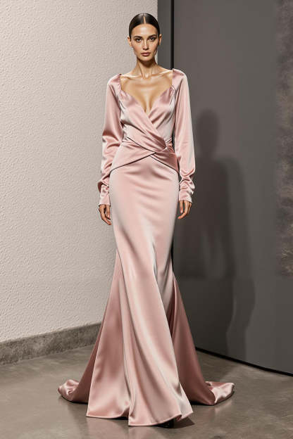 Leely Women Light Pink Long Sleeves Satin Formal Dress Mermaid Ruched Backless Evening Dress