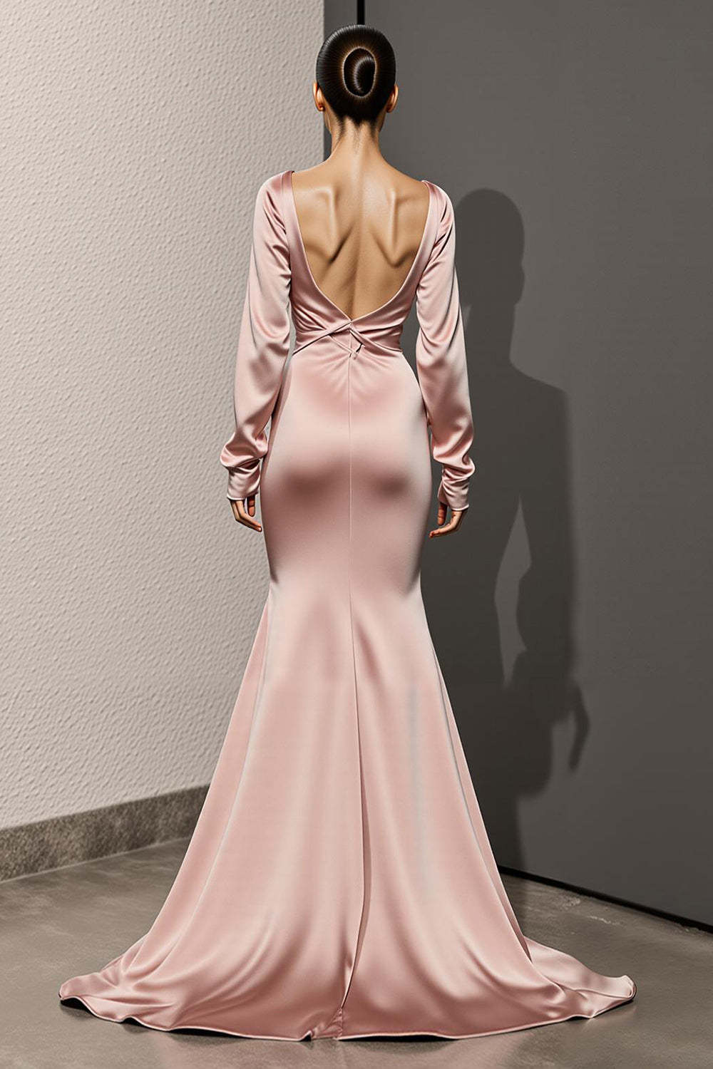 Light Pink Mermaid Satin Backless Long Sleeves Formal Dress