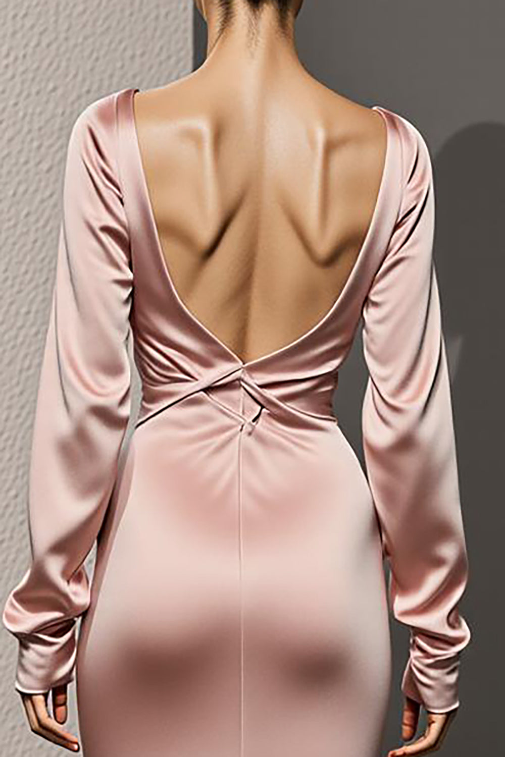 Light Pink Mermaid Satin Backless Long Sleeves Formal Dress
