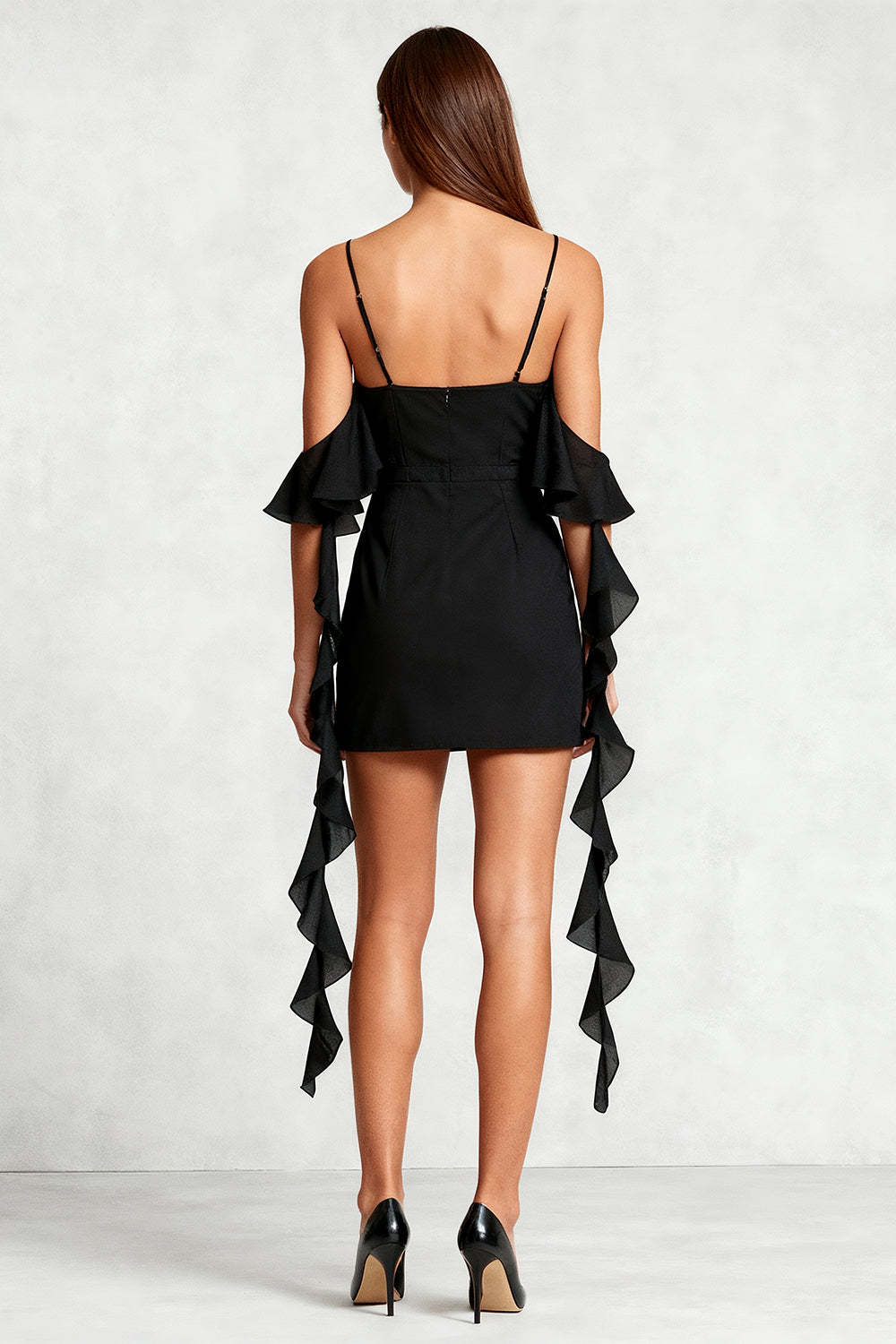 Black Cold Shoulder Bodycon Short Cocktail Dress with Ruffles