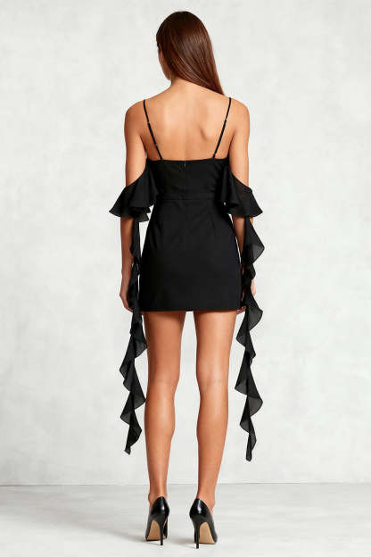Black Cold Shoulder Bodycon Short Cocktail Dress with Ruffles
