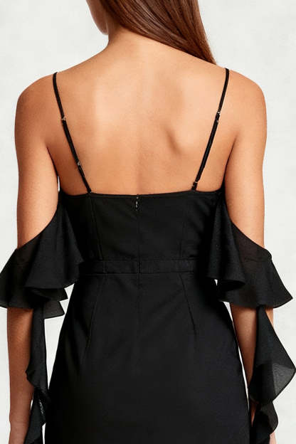 Black Cold Shoulder Bodycon Short Cocktail Dress with Ruffles