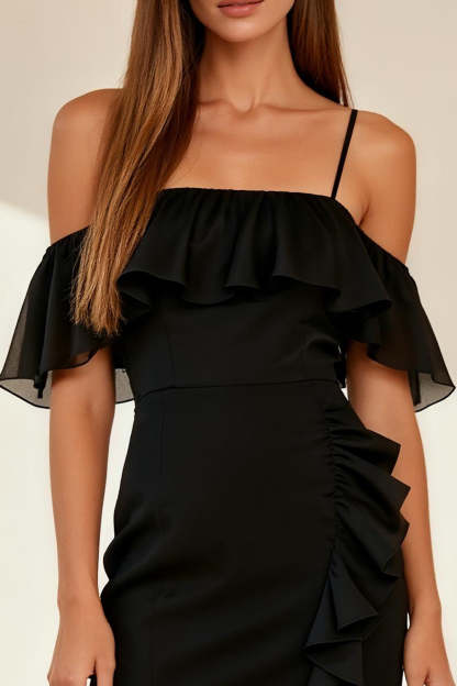 Black Bodycon Ruffled Cold Shoulder Short Cocktail Dress