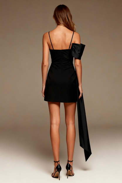Black Spaghetti Straps Bodycon Short Cocktail Dress with Side Cape