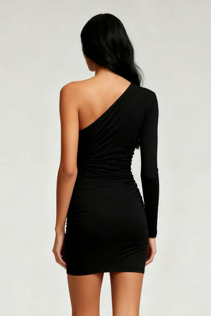 Black Tight One Shoulder Short Cocktail Dress with Sleeves