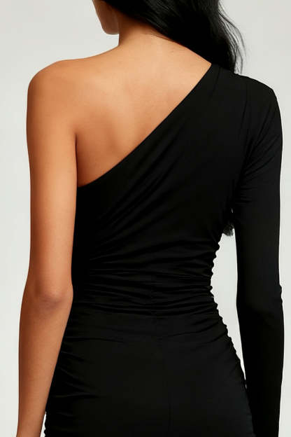Black Tight One Shoulder Short Cocktail Dress with Sleeves