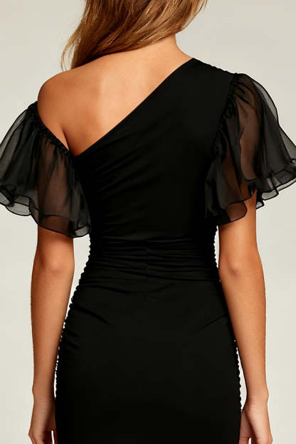 Black Asymmetrical Short Tight Cocktail Dress with Sleeves