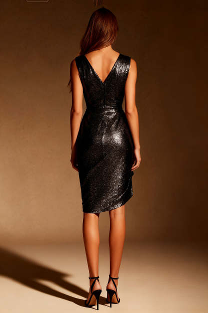 Glitter Black Tight V-Neck Asymmetrical Short Cocktail Dress