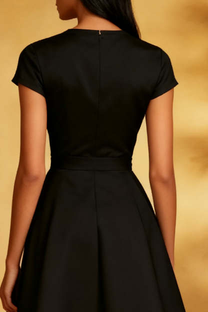 Black Round Neck A Line Short Cocktail Dress with Sleeves