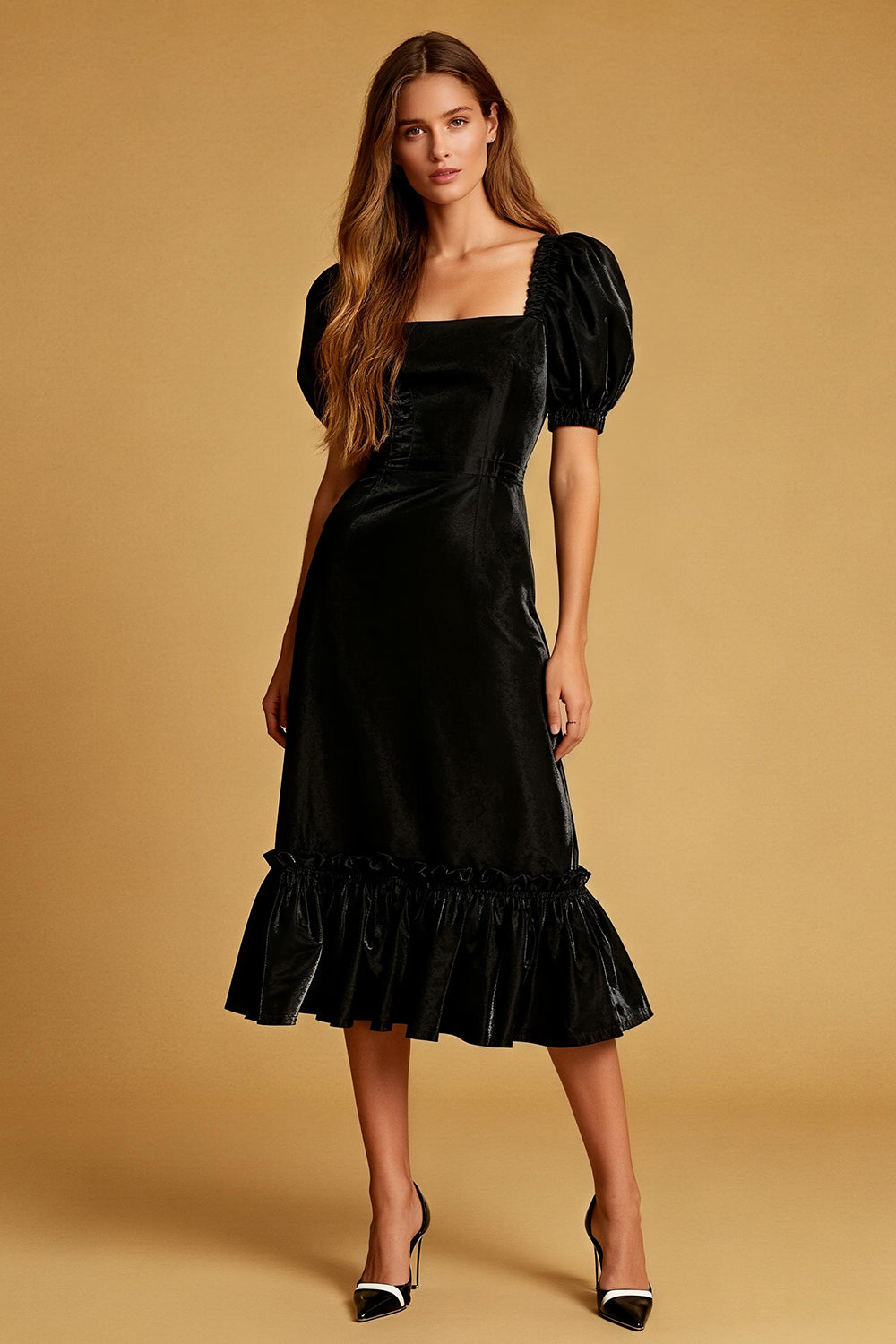 Black Velvet Square Neck Sheath Midi Cocktail Dress with Sleeves