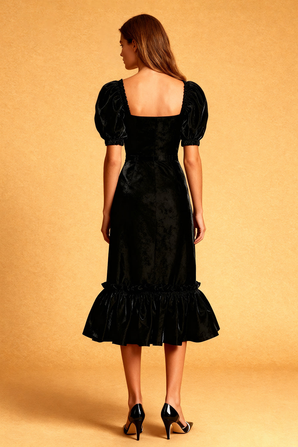 Black Velvet Square Neck Sheath Midi Cocktail Dress with Sleeves