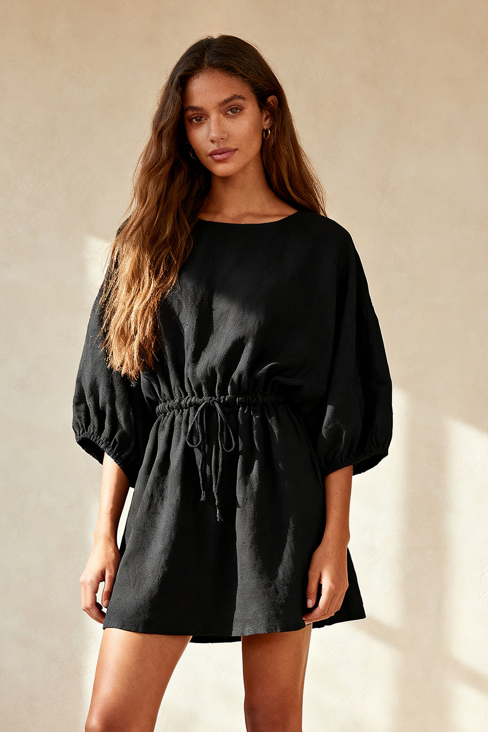 Leely Women Black Round Neck Short Work Dress Ruched Business Dress with Sleeves
