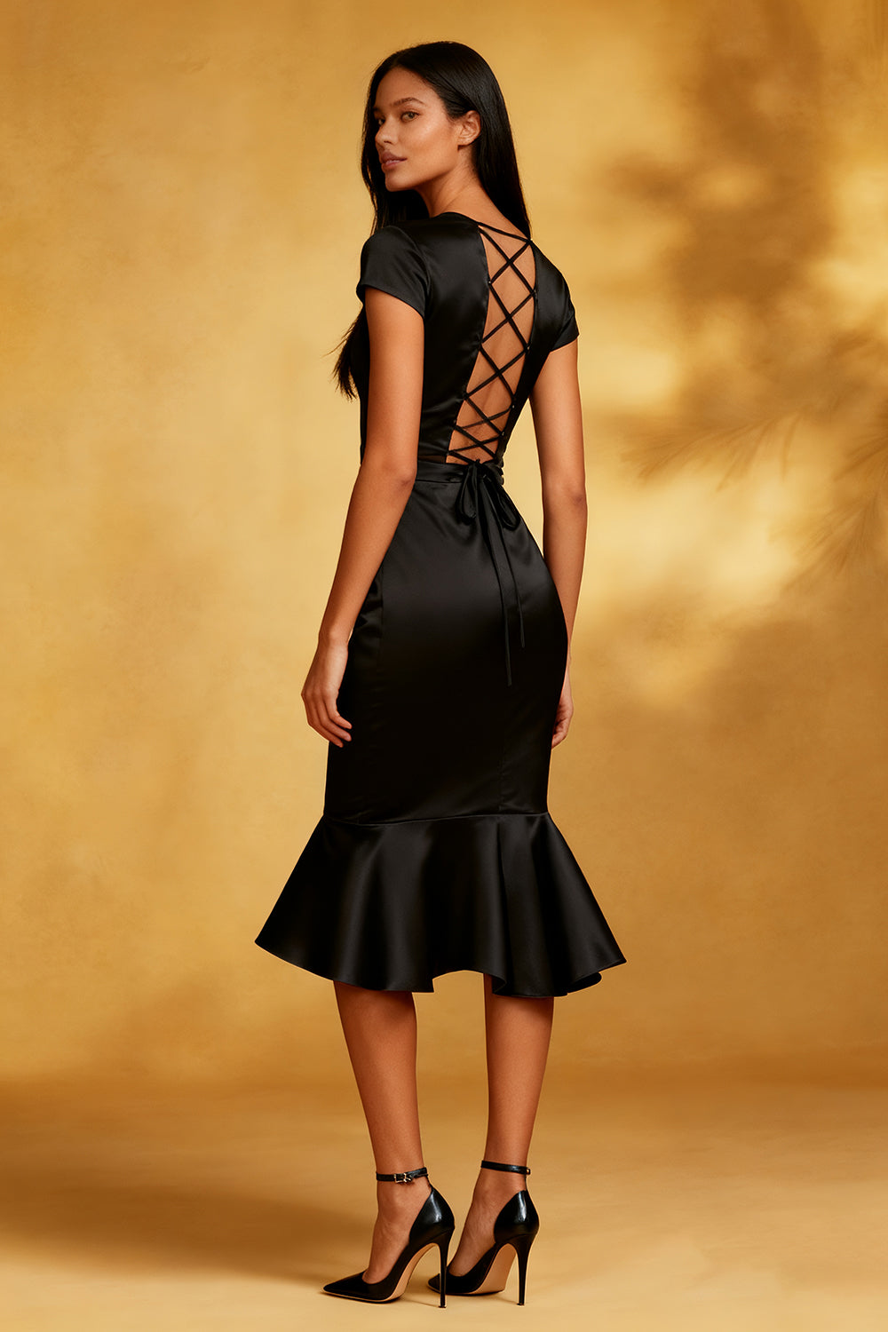Black Satin Mermaid Round Neck Midi Cocktail Dress with Ruffles