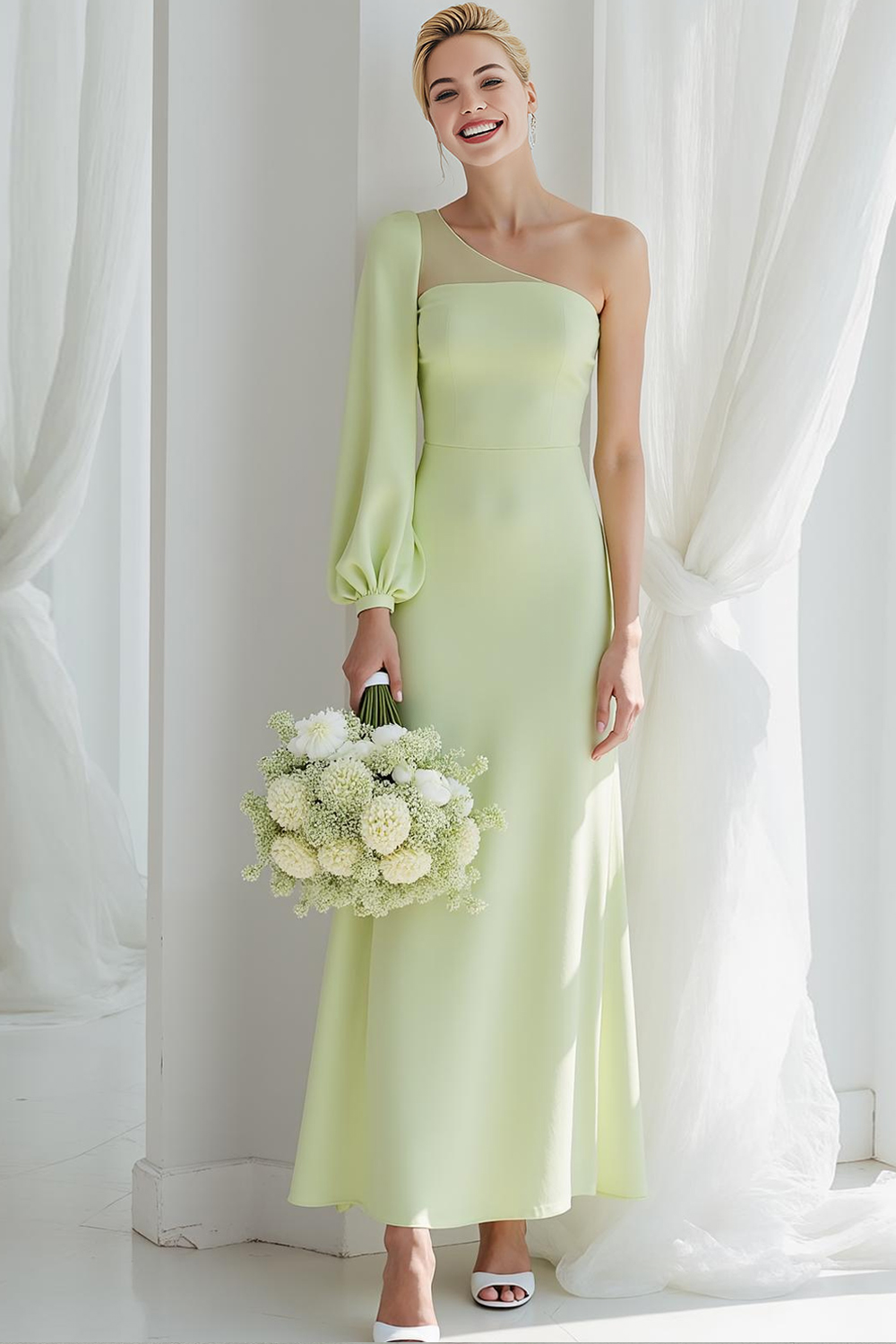 Leely Women Light Green Maxi Flowy Stunning Wedding Guest Dress One Shoulder A Line Wedding Party Dress