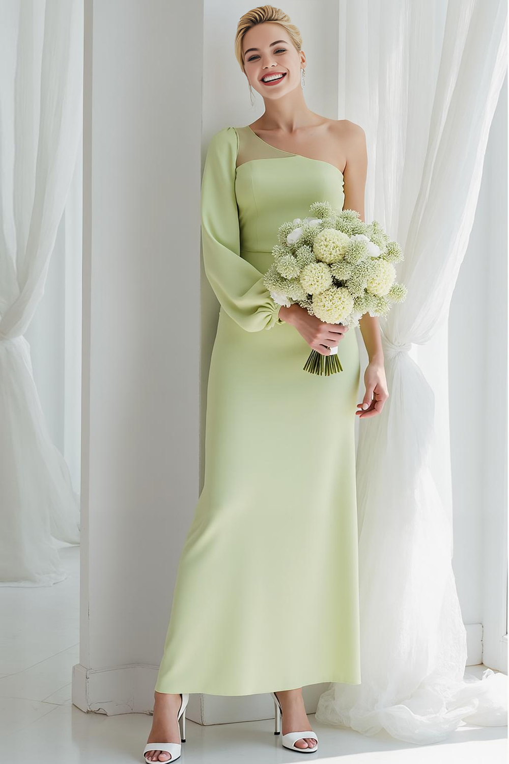 Light Green One Shoulder A Line Maxi Flowy Wedding Guest Dress