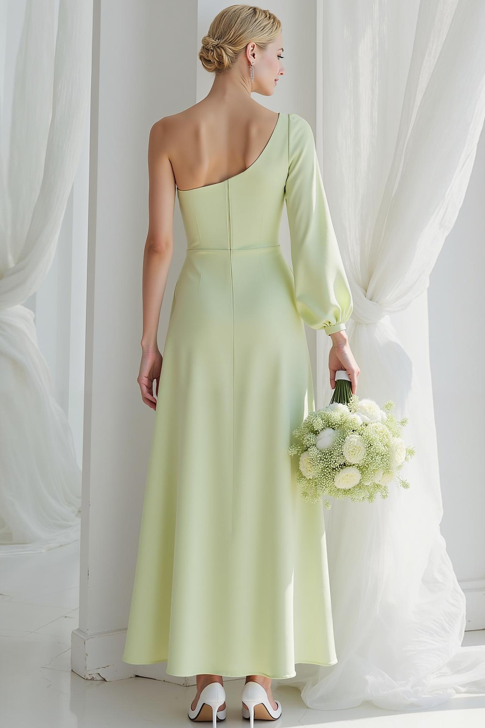 Light Green One Shoulder A Line Maxi Flowy Wedding Guest Dress