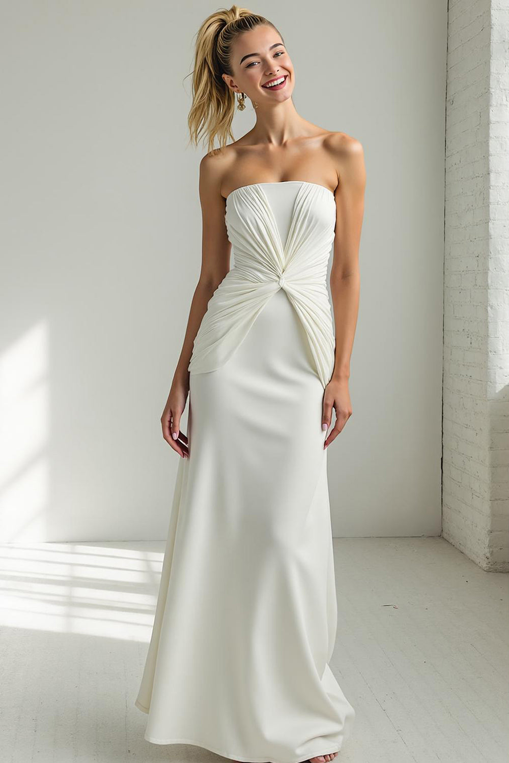 Leely Women White Strapless Sheath Wedding Reception Dress Ruched Maxi Engagement Dress