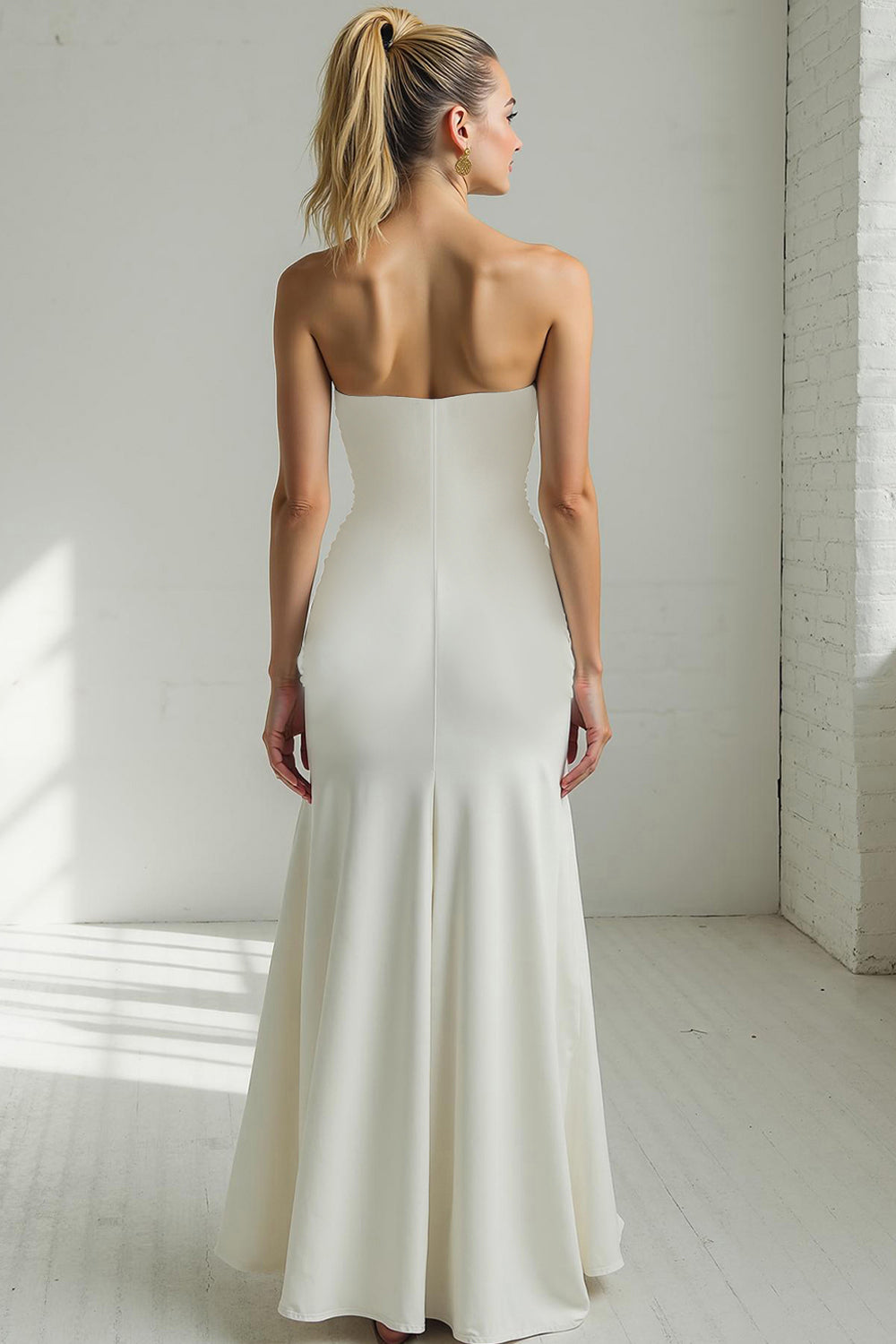White Strapless Sheath Ruched Maxi Wedding Reception Dress