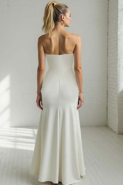 White Strapless Sheath Ruched Maxi Wedding Reception Dress