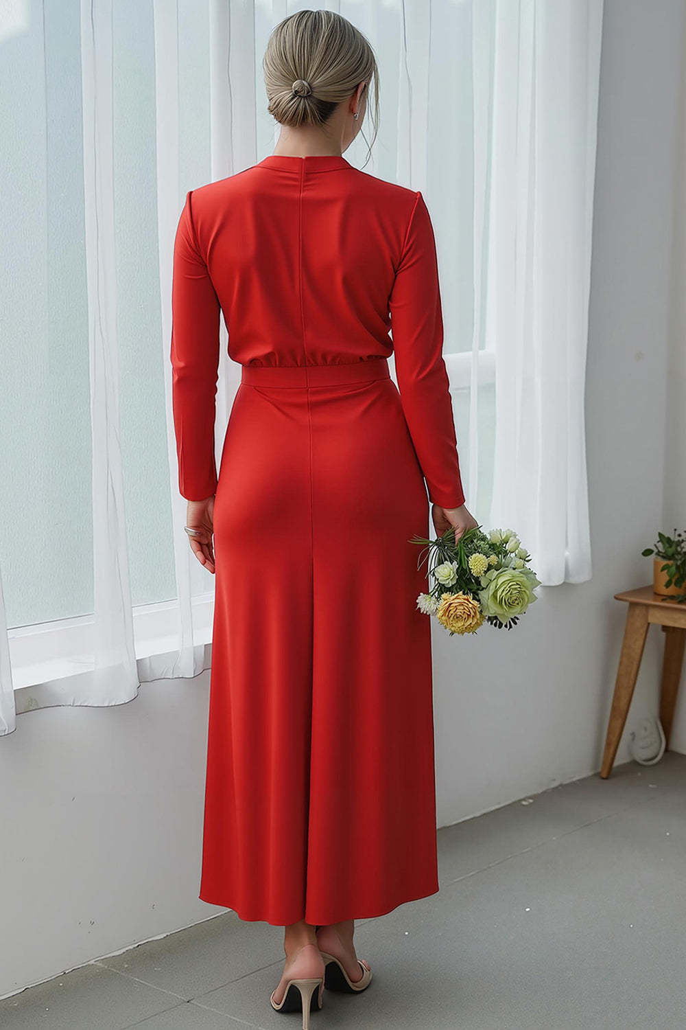 Red Satin Sheath High Neck Long Wedding Guest Dress with Slit