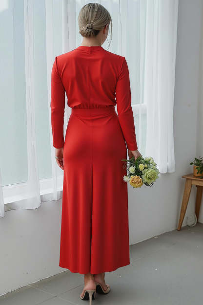 Red Satin Sheath High Neck Long Wedding Guest Dress with Slit