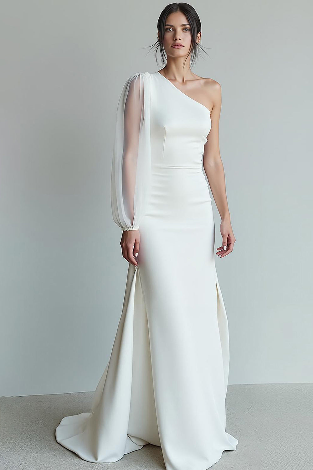 White Sweep Train A Line One Shoulder Wedding Reception Dress