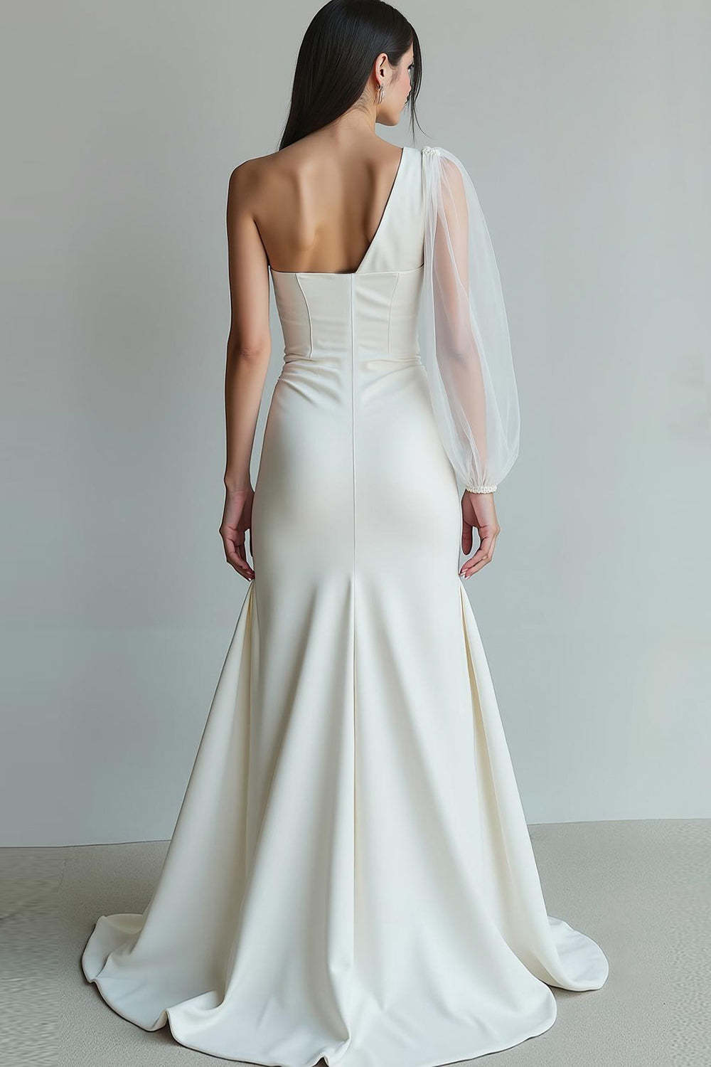 White Sweep Train A Line One Shoulder Wedding Reception Dress