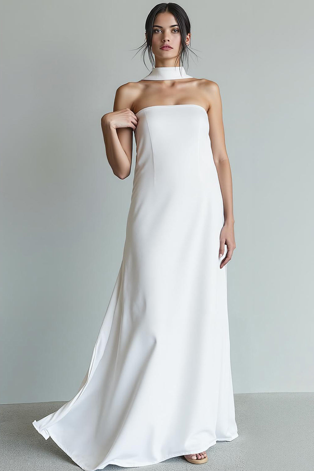 White Strapless A Line Sweep Train Wedding Reception Dress