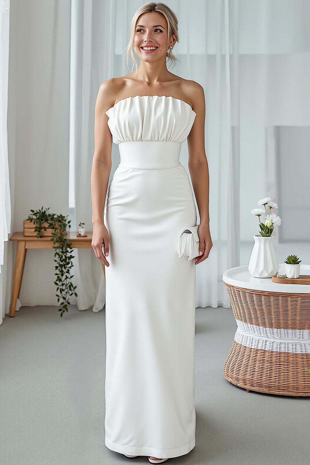 Leely Women White Strapless Maxi Wedding Reception Dress Sheath Sleeveless Ruched Engagement Dress