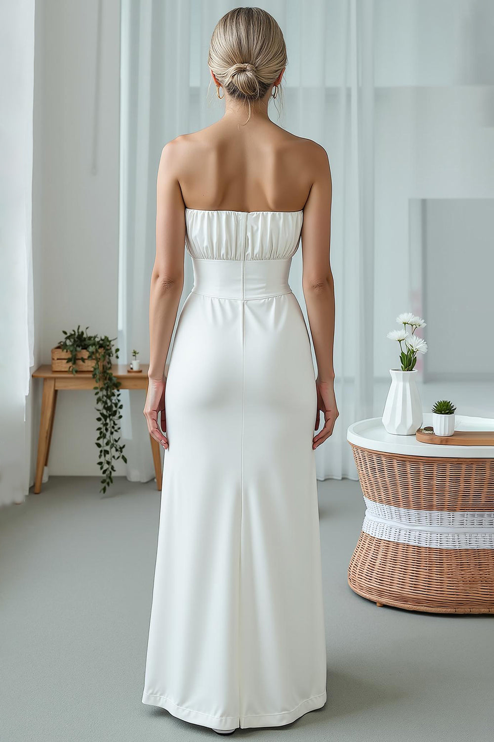 White Strapless Sheath Maxi Wedding Reception Dress