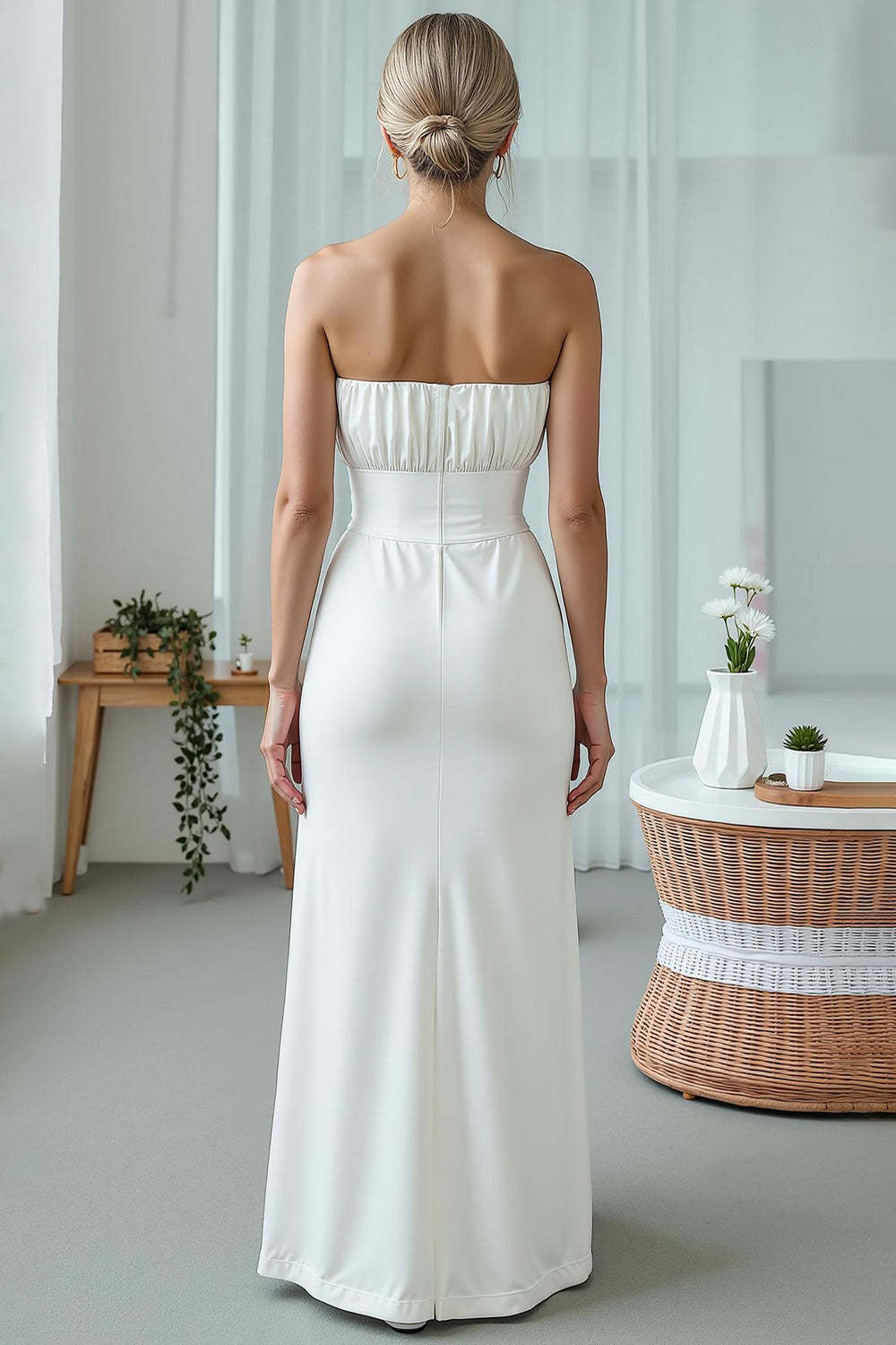 White Strapless Sheath Maxi Wedding Reception Dress