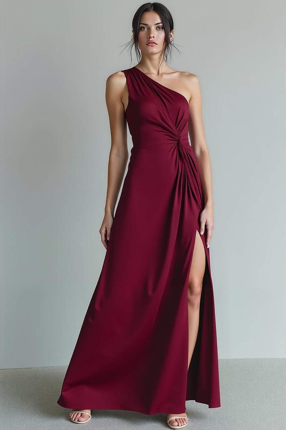 Leely Women Cabernet Chiffon Sheath Stunning Wedding Guest Dress with Slit One Shoulder Ruched Long Wedding Party Dress